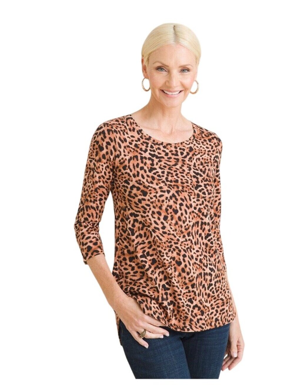 Chicos Pocket Tee Medium Top Animal Print Cotton Blend Slub Leopard Office